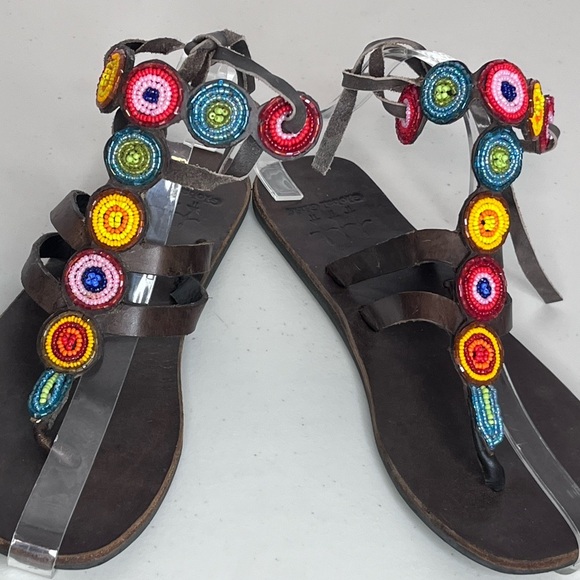 Global Girls Boho Leather Hand-Made Colorful Beaded Sz 37 Thong Sandals - Picture 5 of 14